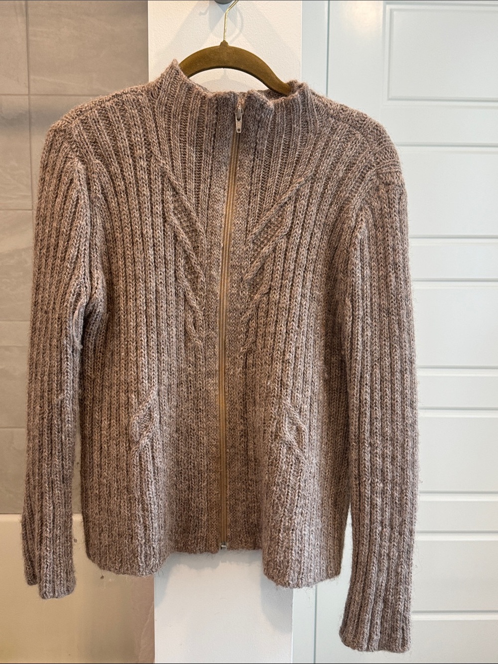 Taupe Ribbed Zip-Front Women's Cardigan Sweater